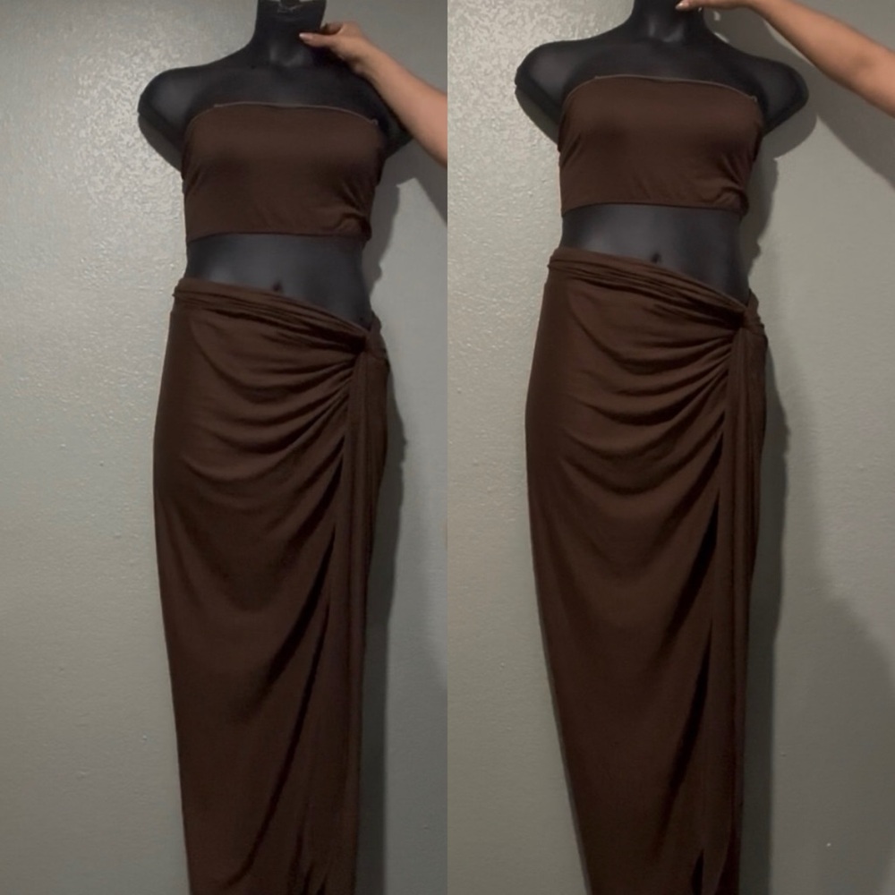 Fashion Nova Brown Maxi Wrap Skirt with Ruched Tie Front